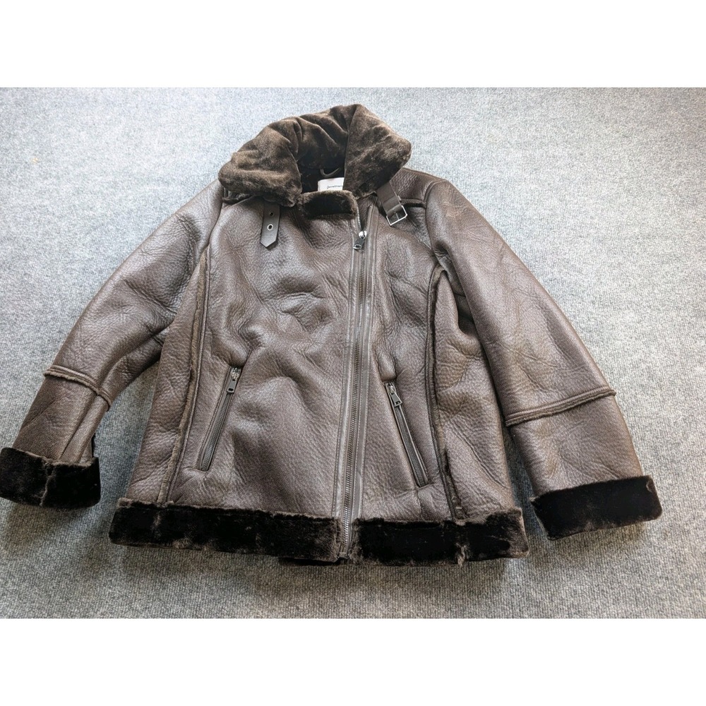 Stradivarius Womens Faux Leather Shearling Aviator Jacket Dark Brown Size M Bike